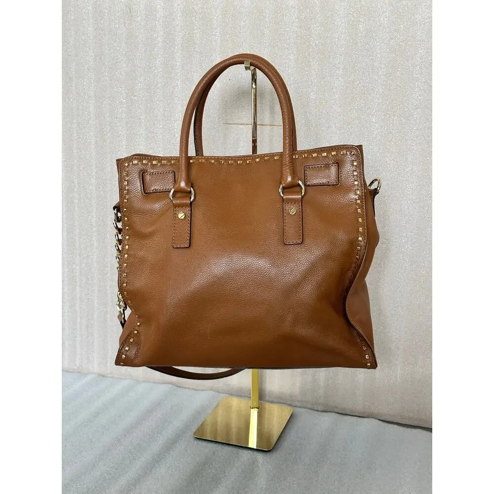 EUC Michael Kors Hamilton Large Studded Leather Tote Brown Gold Lock & Key Chain